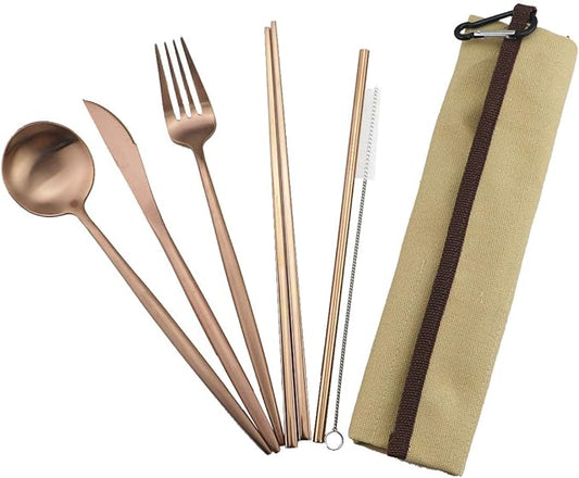 Gugrida Reusable Travel Utensils, 7 Piece Portable 304 Stainless Steel including Knife Fork Spoon Chopsticks Cleaning Brush Straws Portable Pouch, Eco-friendly Camping Silverware Set, Dishwasher Safe