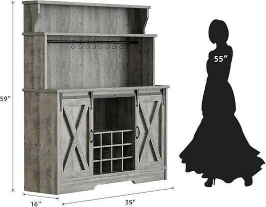55'' Farmhouse Coffee Bar Cabinet with 3 Tier Storage Hutch, Coffee Bar Station with Sliding Barn Door, Hutch Storage Cabinet with 12 Wine Racks & 9 Hooks for Kitchen Dining Living Room
