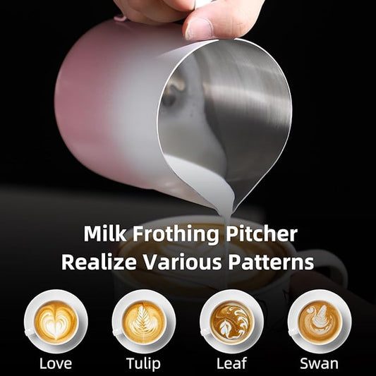 600ml Pink Milk Frothing Pitcher – Stainless Steel Latte Art Coffee Cup with Measurement Markings, Espresso Steaming Jug, Food-Grade & Heat-Resistant for Barista & Home Brewing (Pink white-600ml)