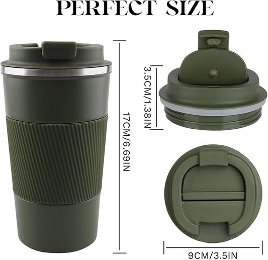 YINBAOGE Insulated Travel Coffee Mug Spill Proof Leak Proof Pobtable To Go Camping Stainless Steel Coffee Tumbler Reusable Coffee Cups with Lids Thermos for Hot and Cold Drink (Green, 17 OZ)