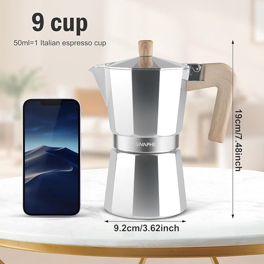 Sivaphe Aluminum Moka Pot 9 Espresso Cups, Percolator Espresso and Coffee Maker, Portable Stove top Italian and Cuban Café Brewer for Home and Camping Sliver