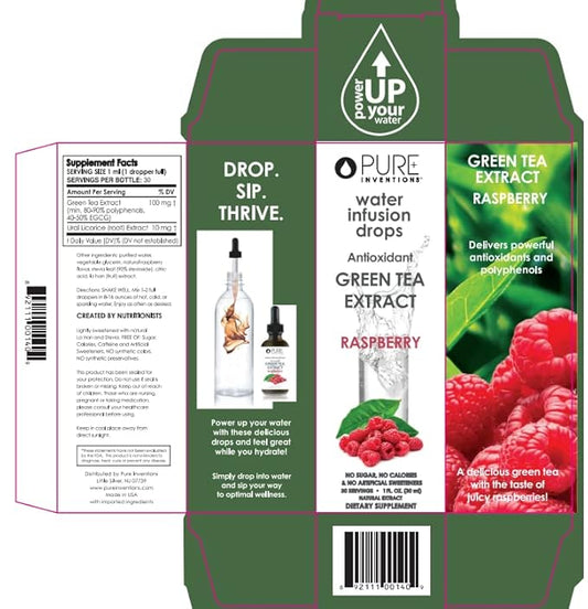 Pure Inventions - Green Tea Raspberry Water Infusion Drops - Antioxidants & Electrolytes - Health & Wellness Drink - Immunity Support - Sugar Free, Zero Calorie, No Artificial Sweeteners - 30 Servings