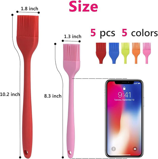 Silicone Basting Pastry Brush Set 5 Pack Heat Resistant Spread Oil Butter Sauce for BBQ Grill Barbeque Kitchen Baking Cooking Pastries, 2 Large & 3 Small Multicolor
