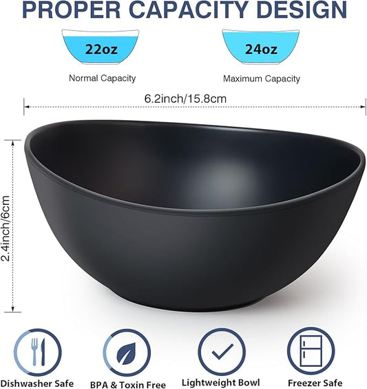 6.2'' Bamboo Fiber Cereal Bows Set of 6, Soup Bowls 24 Oz for Serving Salad, Snack, Side Dishes, Modern Oval Lightweight Bowls for Breakfast,Lunch and Dinner, Dishwasher and Freezer Safe(Matte black)