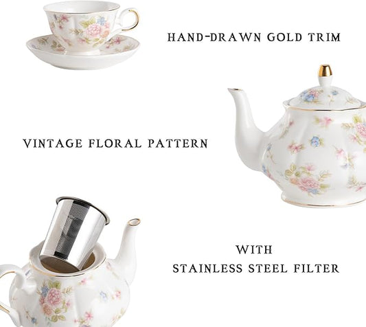 Sweejar Porcelain Tea Sets, Vintage British Floral Relief Gold Rimmed Teapot Cup and Saucer Set, Tea Set Service for 6, with Teapot, Sugar Bowl, Milk Jug, Spoons, Tea Cup and Saucer (Small Flower)