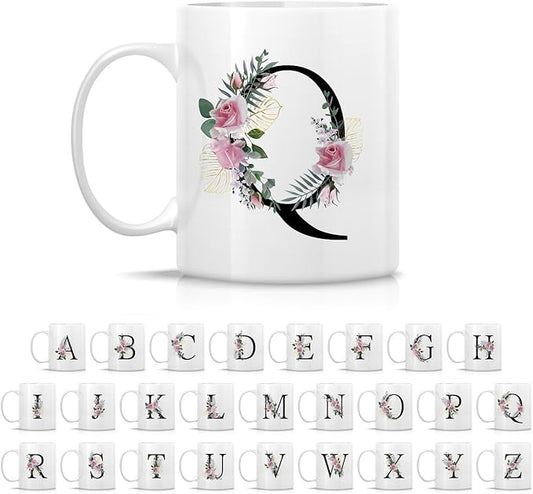 Retreez Initial A-Z Floral Botanical Bouquet Alphabet Monogrammed Monogram Mug 11 Oz Ceramic Tea Coffee Mugs - Appreciation Thank You Wedding Birthday Gifts for her friend coworker sister - Q Initial