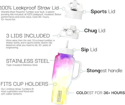 Coldest 40 oz Tumbler with Handle and Straw, 100% Leak Proof Insulated Tumbler with Lid and Straw (3 Lids), Stainless Steel Tumblers for Women & Men, Cup Holder Friendly, 46 oz (Clouds of Tie Dye)