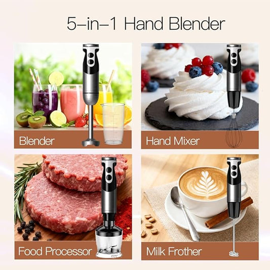 MegaWise Blender Handheld 12-Speed Stainless Steel Electric Hand Blender, 5 in 1 Immersion Handheld Blender,Titanium Blades Hand Blender, Milk Frother Wand,with 600ml Whisk Beaker and Chopper (black)