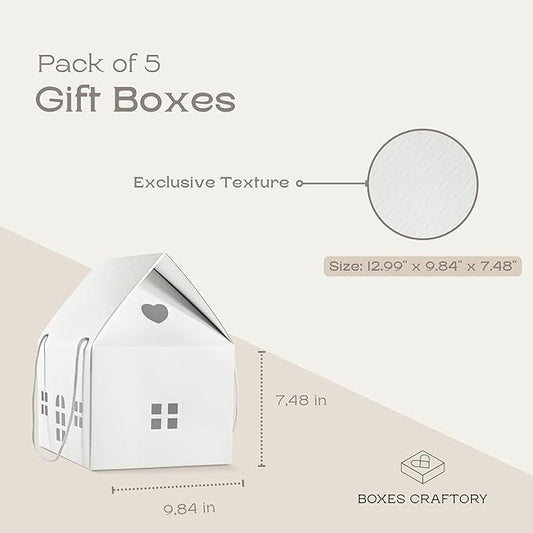 Boxes Craftory Pack of 5 House Shaped Gift Boxes (12.99 x 9.84 x 7.48 inch) - Mansion Ideal for Home Presents, House Interior Decorations and for Treats - White Matelasse