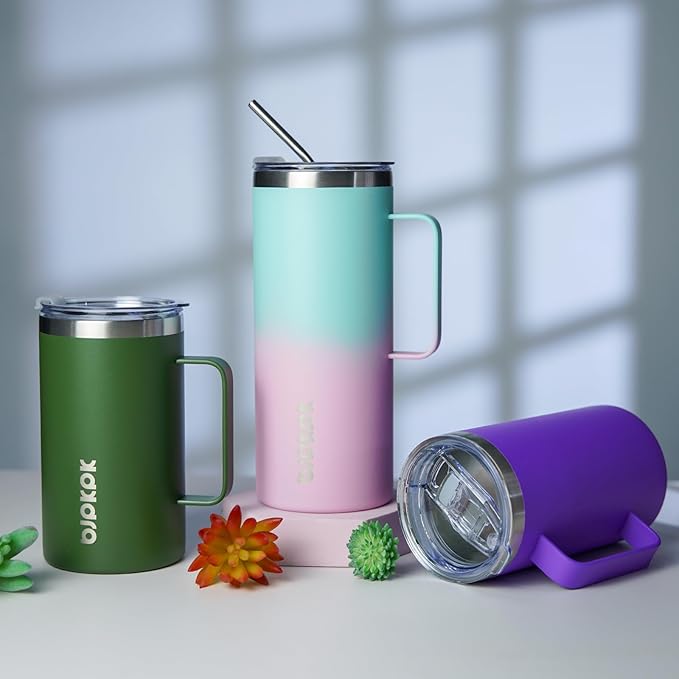 BJPKPK Insulated Coffee Mug with 2 Lids, 25oz Stainless Steel Insulated Tumbler with Handle, Double Wall Vacuum Coffee Cups, BPA Free Travel Mug for Coffee, Tea and Drinks, Turquoise