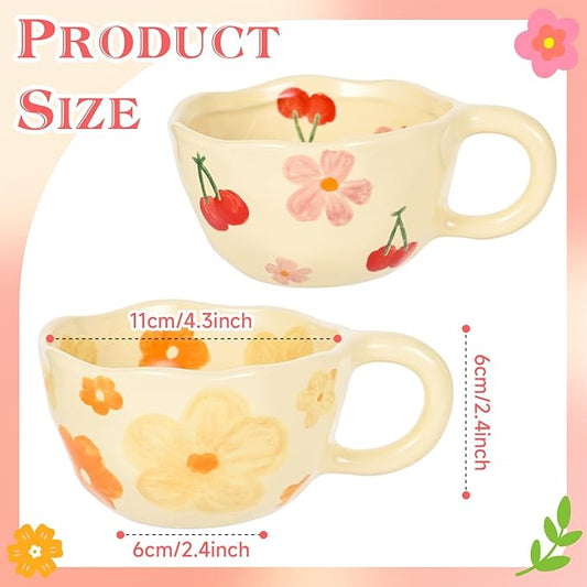 Ceramic Coffee Mug Set of 2 Vintage Flower Mugs 8 oz Cute Floral Coffee Mugs Irregular Latte Art Cup Lead-free Porcelain Cups for Cappuccino, Cocoa (Pink Cherry and Orange Flower)