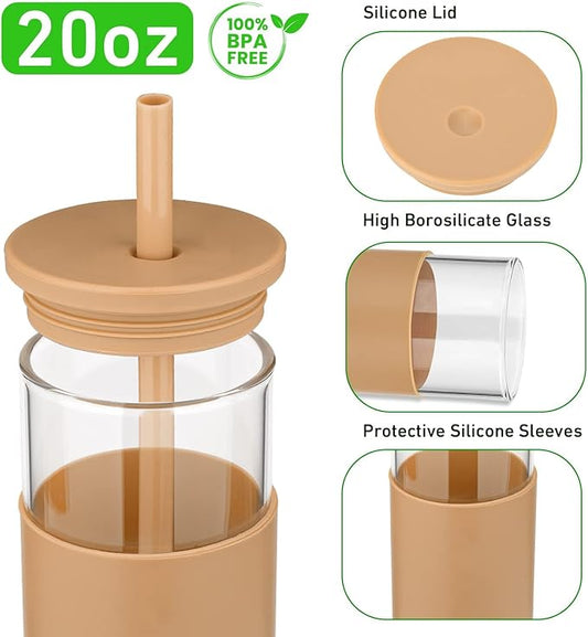 Tronco 20 oz Glass Tumbler With Lids and Straws, Reusable Smoothie Cups With Silicone Lid, Iced Coffee Cup With Silicone Protective Sleeve, Dishwasher Safe- BPA Free(White 1 Count)