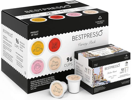 Bestpresso Coffee, Variety Pack Single Serve K-Cup Pods, 96 Count. Includes Breakfast, Colombian, Donut and Italian (Compatible With 2.0 Keurig Brewers) 8 Packs Of 12 Cups