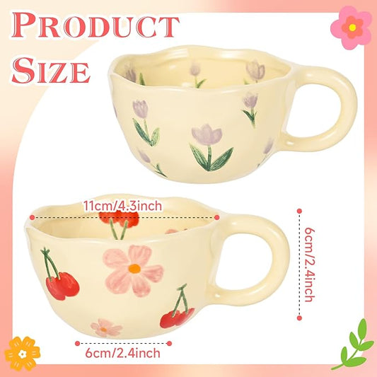 Ceramic Coffee Mug Vintage Flower Mugs 8 oz Cute Floral Coffee Mugs Irregular Latte Art Cup Lead-free Porcelain Cups for Cappuccino, Cocoa (Pink Cherry, Purple Tulips)