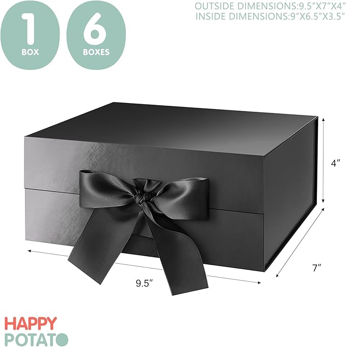 HAPPY POTATO Black Gift Box with Lid and Ribbon 9x6.5x3.8 Inches, Groomsman Proposal Boxes, Magnetic Gift Box for Presents (Glossy Black)