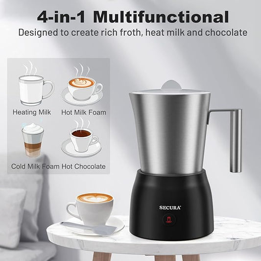 Secura 17oz Detachable Milk Frother and Steamer, Stainless Steel Electric Hot/Cold Foam Maker for Lattes, Cappuccinos & Hot Chocolate, Upgraded 2-in-1 Whisks, Non-Stick & Teflon-Free Design