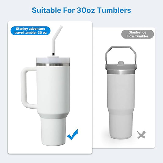 Repeatable Metal Straw with Silicone Tips for 30 oz Stanley Tumbler, 2 Pcs 30 oz Stainless Steel Straws Replacement for Stanley Tumbler, 1 Straw Brush, BPA Free(White)