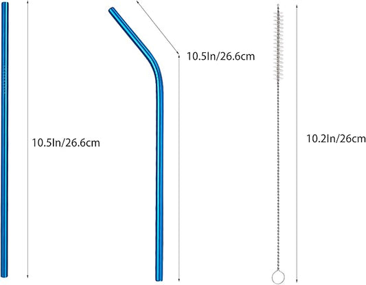 10 Pcs Stainless Steel Straws, Reusable Drinking Straws, 5 Straight + 5 Bent Metal Straws Set With 2 Pcs Cleaning Brushes (Blue, 10.5 Inch)