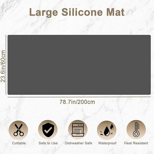 78.7"x23.6" Large Silicone Mat for Kitchen Counter, Heat Resistant Non-Slip Countertop Protector, Waterproof Silicone Craft Mat for Kitchen Island, Light Gray