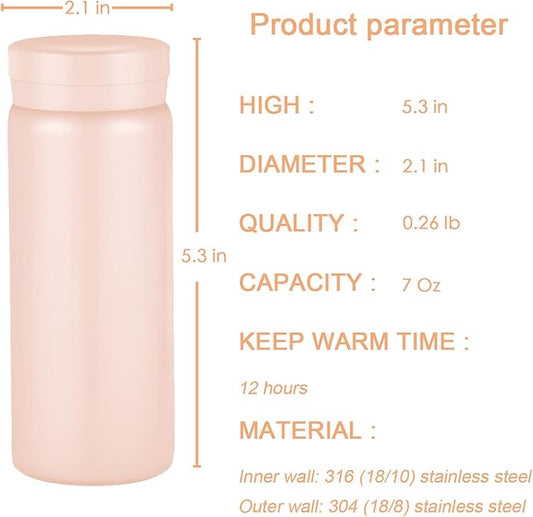 Mini Thermos Cute Water Bottle - 7 oz Tiny Insulated Vacuum 18/10 Stainless Steel Small Flask - Leak Proof & Spill Proof & Keeps Cold and Hot for Drink, Coffee, Tea - Pink