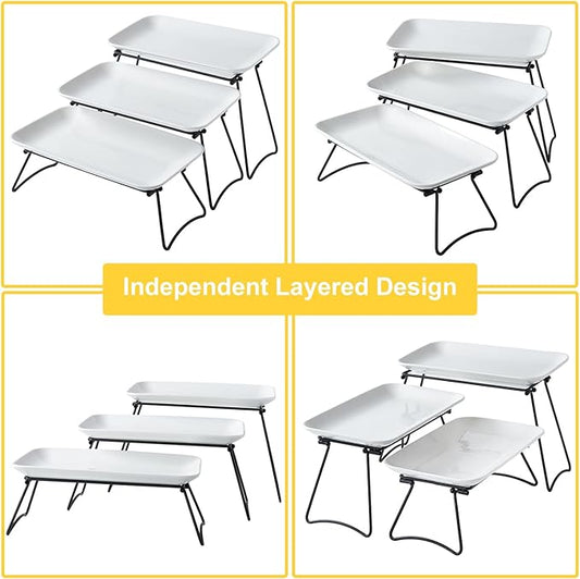 HAPPY KIT 3 Tier Serving Tray Set and Tiered Tray Stand,12 Inch Widened Porcelain Platters with Freely Combinable Rack,Decor Cupcake Stand for Christmas Party Display,Dessert Trays Collapsible