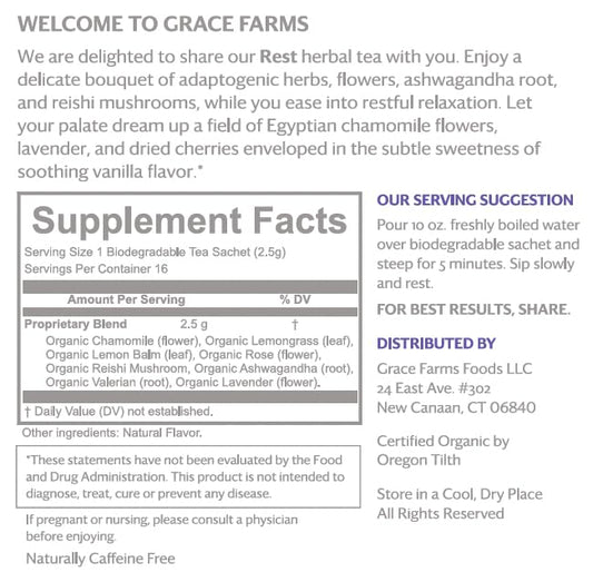 Grace Farms REST Wellness Organic Tea Blend (100 Enveloped Pyramid Sachets w/ String & Tag) | Sleep and Stress Support For Evening | Chamomile Vanilla Tea with Caffeine Free Adaptogens and Mushrooms | Gives Back 100% of Profits
