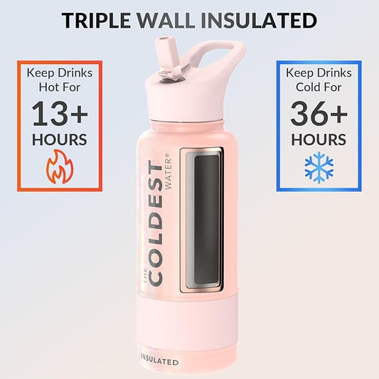 Coldest Insulated Water Bottle with Straw Lid - Stainless Steel Metal Insulated Bottle for Men & Women (Forever Pink Glitter, 32 oz)