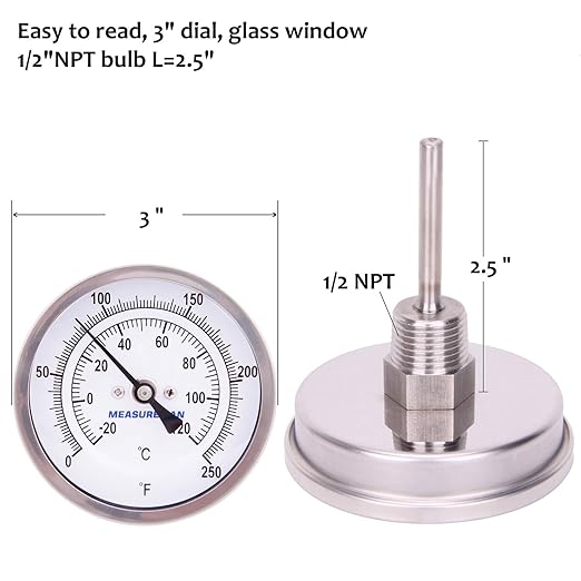MEASUREMAN Fully Stainless Steel Pot, Kettle, Brewing Bimetal Thermometer, 3" Dial, 2-1/2" Stem, 0-250 deg F/-20-120 deg C, -1% Accuracy, Adjustable, 1/2" NPT Back Mount (2 Pack)