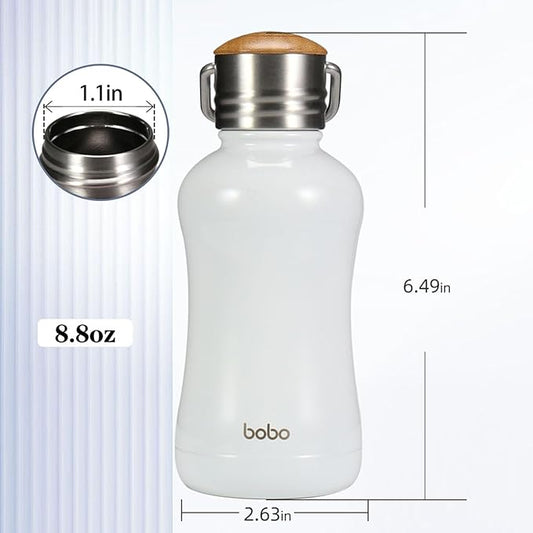 YOHKOH Mini Insulated Water Bottle With Bamboo Lid - 8.8oz Small Vacuum Insulated Water Bottle for Women Kids, 12 Hrs Hot & 24 Hrs Cold Stainless Steel Thermos Leak-Proof BPA-Free (8.8oz,White)