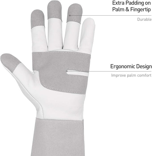 HANDLANDY Long Gardening Gloves for Men & Women, Thorn Proof Rose Pruning Gloves Leather Gauntlets Garden Glove Yard Work Glove (Large, Grey)