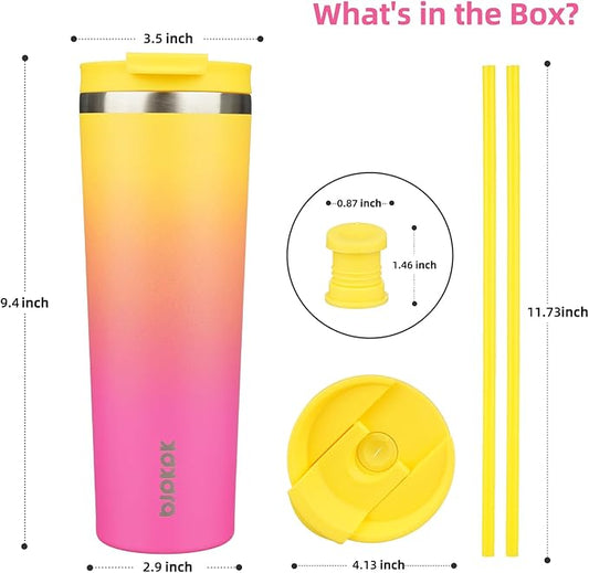 BJPKPK 30oz Stainless Steel Insulated Tumbler With lid And Straw Travel Coffee Thermal Tumblers Cup For Women And Men,Pink Yellow Rose