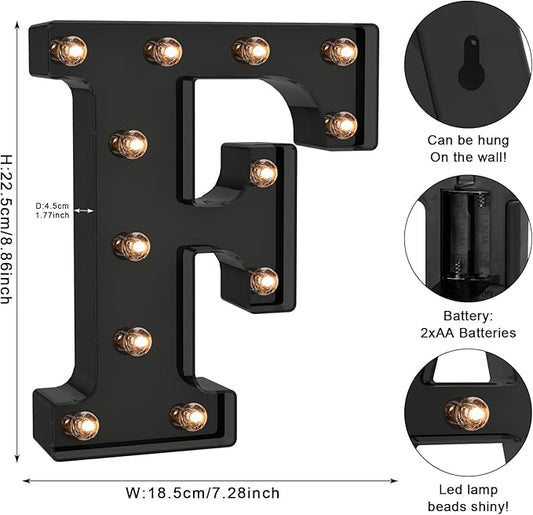 Foaky Black LED Letter Lights for Room Decor - Bedroom Wall Decor, Alphabet Lights for Home, Wedding, Party - Battery Operated (F)