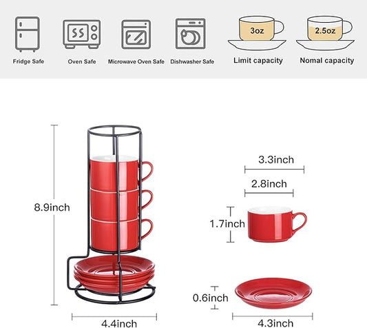 2.5oz Porcelain Stackable Espresso Cups with Saucers and Metal Stand Set of 4, Stackable Cappuccino Cups, Red Expresso Shots Cup Set for Coffee Drinks, Latte, Tea