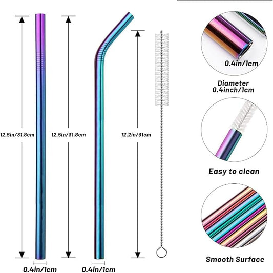 VEHHE Metal Stanley Straw, 12.5-inch Long Stainless Steel Stanley Cup Straw, 4 Pack Reusable Drinking Straws with Cleaning Brush for Stanley Cup Accessories(Rainbow)