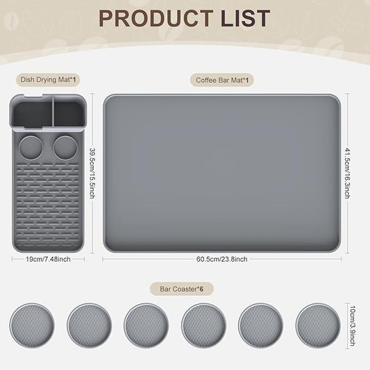 Silicone Coffee Mat with 6PCS Coasters,24''x16'' Kitchen Bar Accessories Fits Under Coffee Maker and Pot,Espresso Machine,Detachable Dish Drying Mat for Tamper,Sugar Packets,Cups,Countertop Protection