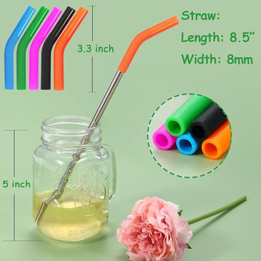 Lazycorner Reusable Stainless Steel Straws Metal Straw with Silicone Tip 5 Pcs 8mm Wide for 20/30/32oz Tumblers Smoothies and Shakes with 2 Cleaning Brushes,1 Portable Bag (Silver)