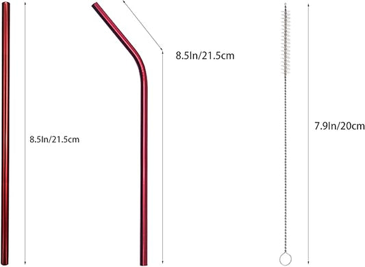 10 Pcs Stainless Steel Straws, Reusable Drinking Straws, 5 Straight + 5 Bent Metal Straws Set With 2 Pcs Cleaning Brushes (Red, 8.5 Inch)