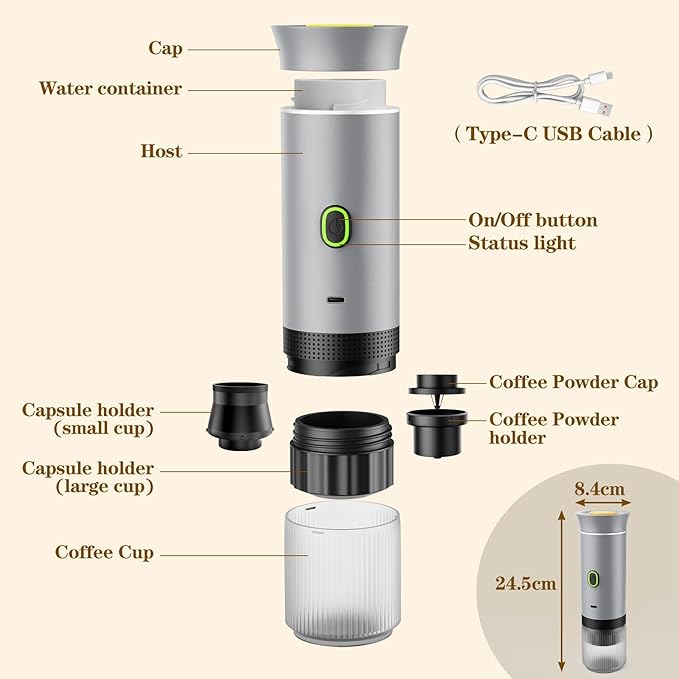 3-in-1 Portable Espresso Maker, Travel Coffee Maker, Self-Heating Car Coffee Maker with USB-C, Small Espresso Machine with Ground Coffee & Capsules (NS&DG) for RV, Hiking, Office (silver)