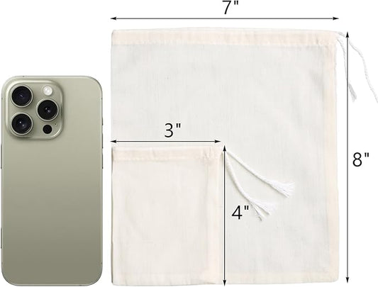 Eketirry Spice Bags, 10pcs Reusable Empty Tea Bags, Muslin Strainer Bags, Soup Bags for Cooking, Natural Cotton Fine Mesh Cheesecloth Bags for Cold Brew Coffee(3 x4" &7 x8")