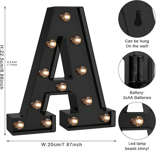 Foaky Black LED Letter Lights for Room Decor - Bedroom Wall Decor, Alphabet Lights for Home, Wedding, Party - Battery Operated (A)