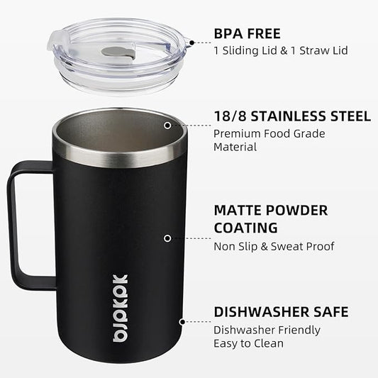 BJPKPK Insulated Coffee Mug with 2 Lids, 25oz Stainless Steel Insulated Tumbler with Handle, Double Wall Vacuum Coffee Cups, BPA Free Travel Mug for Coffee, Tea and Drinks, Black