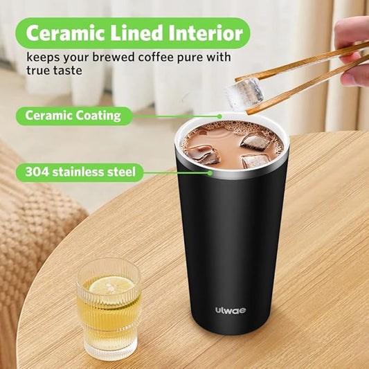 Insulated Coffee Mug with Ceramic Coating, 18oz Travel Mug with Leak-proof Lid, Vacuum Double-wall Tumbler, Stainless Steel Thermal Cup for Tea, Hot Cocoa, Cold Beverage, Ice Drinks