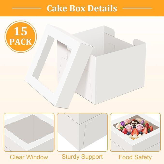 15 PCS Cake Boxes 10 Inch, 10x10x10 Tall Cake Box, 10 Inch Cake Box with Window, White Bakery Boxes, Large Baking Boxes, Cajas Para Pasteles, 10x10 Cake Boxes for Birthday, Wedding, Party, Business