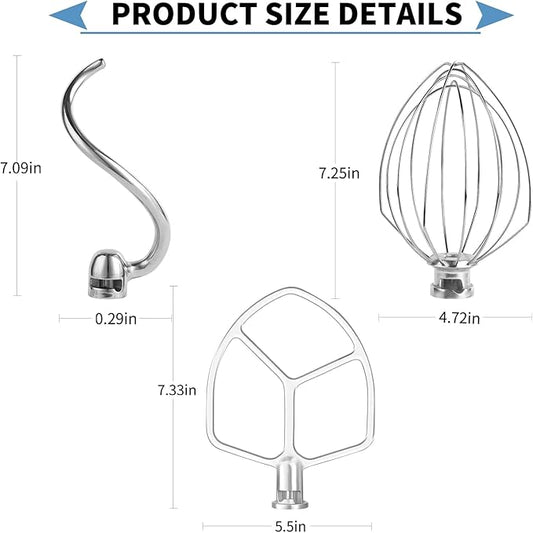 Stainless Steel 3 Piece kit Attachments,Dough Hook 6 Wire Whisk Flat BeaterCompatible with KitchenAid 5-6QT Mixer,Bowl Lift Stand Mixer Accessory,Rust Resistant,Dishwasher Safe