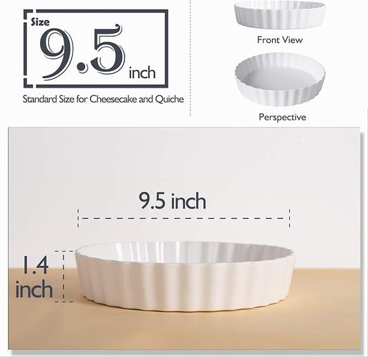 DELLING Set of 2 Tart Pans, 9.5 inch Quiche Pan, Ceramic Fluted Quiche Baking Dish/Pie Pan, Perfect for Baking Tart Pies and Chicken Pot Pie, Cheesecake, Creme Brulee, Round, White