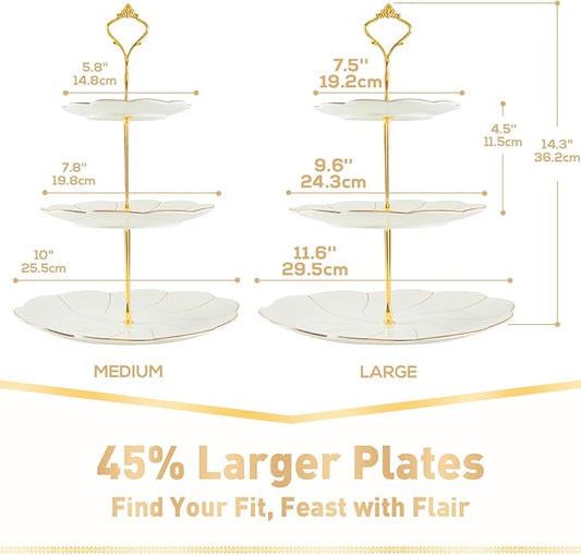 DUJUST Luxury Larger 3-Tier Cupcake Stand Tower, British Style Porcelain Serving Tray with Golden Trim, Food Grade Dessert Display Stand for Tea Party & Home Décor - 45% Larger Plates