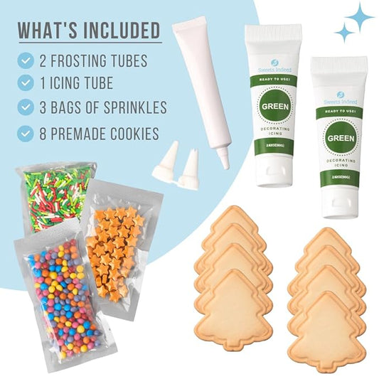 Sweets Indeed Christmas Tree Cookie Decorating Kit | 8 Pre-Baked Tree Cookies with Green & White Frosting and Sprinkles | Holiday Cookie Decorating Set for Kids, Families & Parties – 13.89 oz