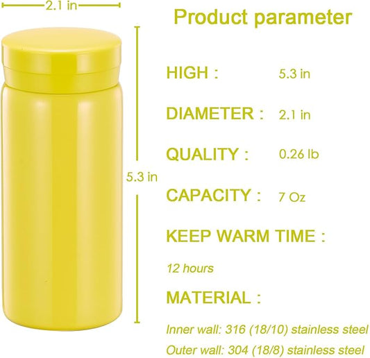 Mini Thermos Cute Water Bottle - 7 oz Tiny Insulated Vacuum 18/10 Stainless Steel Small Flask - Leak Proof & Spill Proof & Keeps Cold and Hot for Drink, Coffee, Tea - Yellow