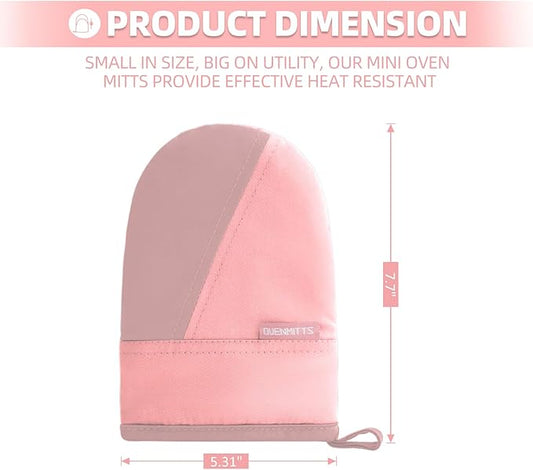 Mini Oven Mitts, Kitchen Oven Gloves Kitchen Mittens 500 Degrees Heat Resistant Baking Gloves, Non-Slip Silicone Surface with Hanging Loops Hot Gloves for Cooking, Baking, BBQ 1 Pair-Pink