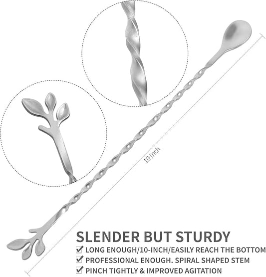 AnSaw Silver 10-Inch Stainless Steel Cocktail Spoon with Leaf Handle - Perfect for Mixing & Layering Drinks in Tall Cups, Bar & Shakers - Durable Long Handle Bar Stirrer,2-Pieces